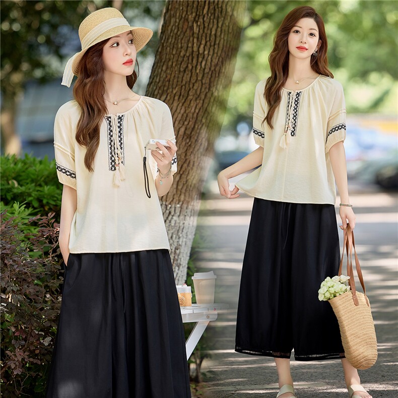 新中式国风套装女2025夏季新款独特漂亮休闲大方得体阔腿裤两件套，女装套装/套裙，微微衣阁