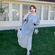 法式网纱拼接蝴蝶结蓝色连衣裙女夏2025新款独特别致流行爆款长裙，女装连衣裙，2C317