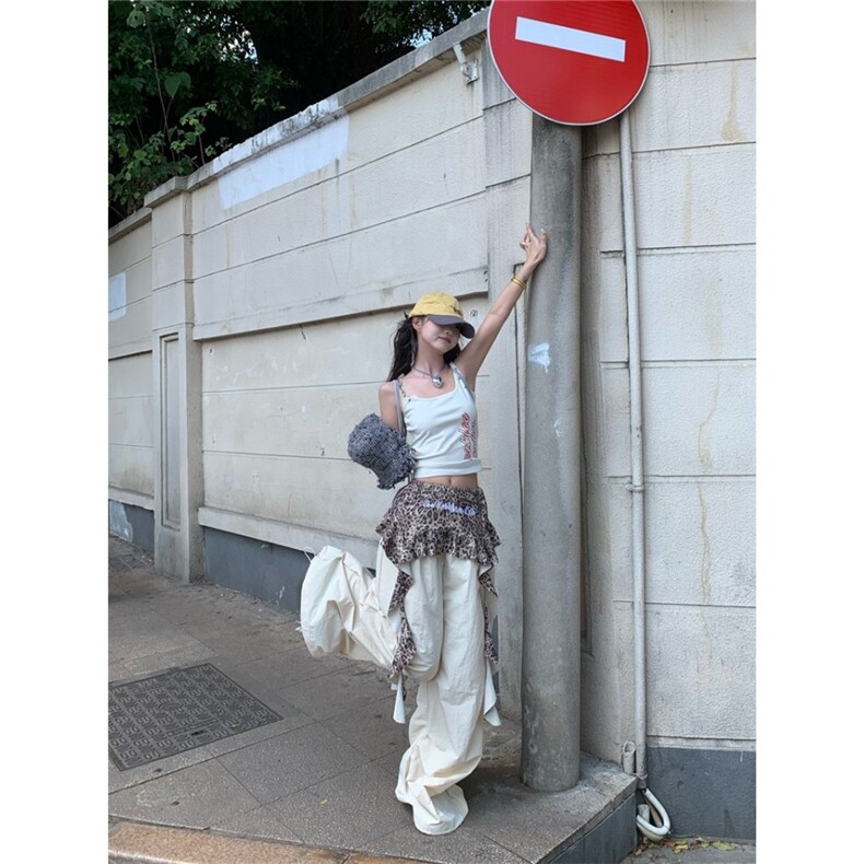 设计感假两件豹纹拼接休闲裤女夏季新款美式复古宽松阔腿裤伞兵裤,男装休闲裤,星座1210-1
