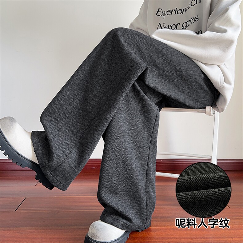 褶皱人字纹设计420g重磅宽松呢料松弛感休闲裤男K24093-特P42控78，男装休闲裤，电商A001