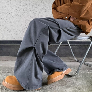 秋冬款男休闲裤褶皱拼接阔腿直筒纯棉长裤h0827 P66图片