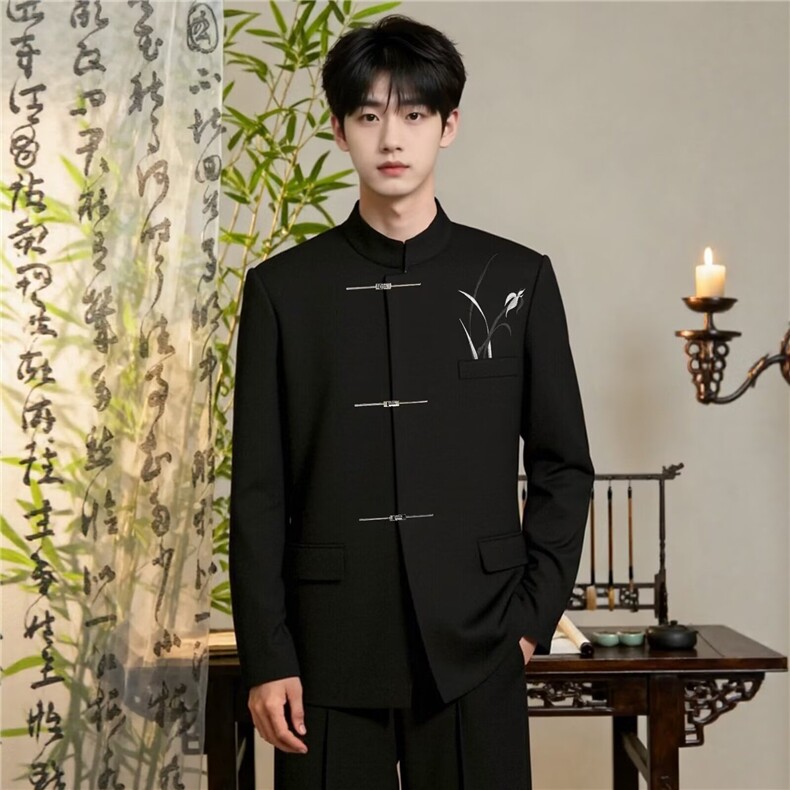 潮牌黑色新中式西装男士春秋新款风中山装立领西服外套XY23,男装西服套装,星座601-1