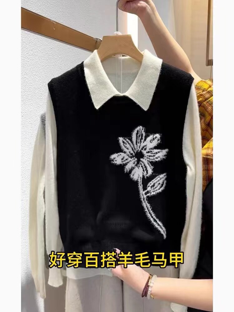 羊毛马甲女V领短款针织背心春秋薄款外穿宽松毛衣坎肩打底,女装马甲,羿纯羊绒