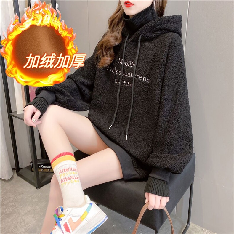360克羊羔绒刺绣高领卫衣女冬连帽加绒加厚大码女装,女装卫衣/绒衫,潮品会