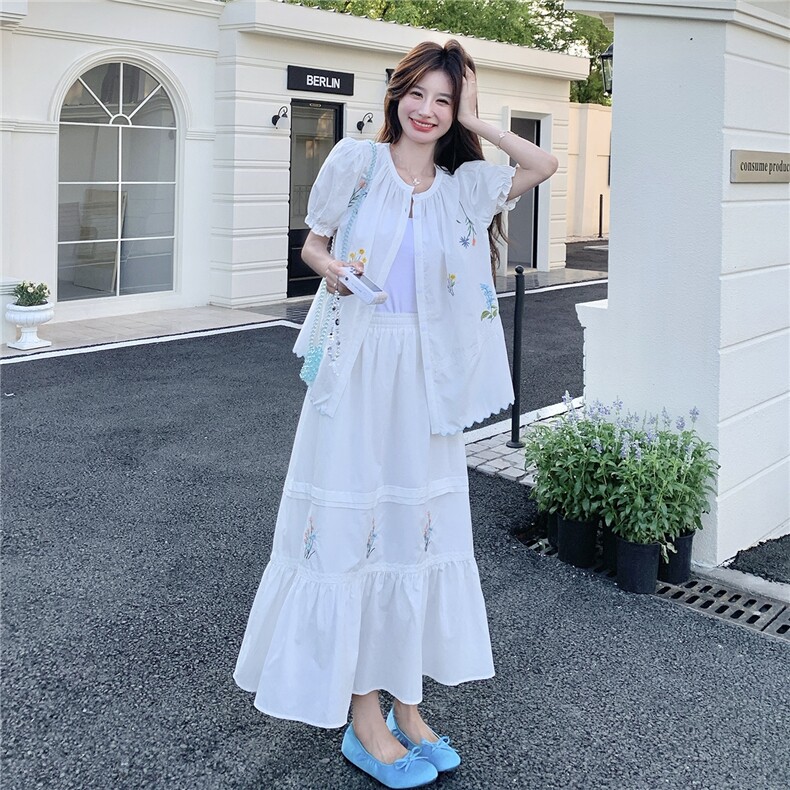 法式浪漫白色刺绣衬衣半身裙套装女夏季2025新款温柔风洋气两件套,女装套装/套裙,2B237