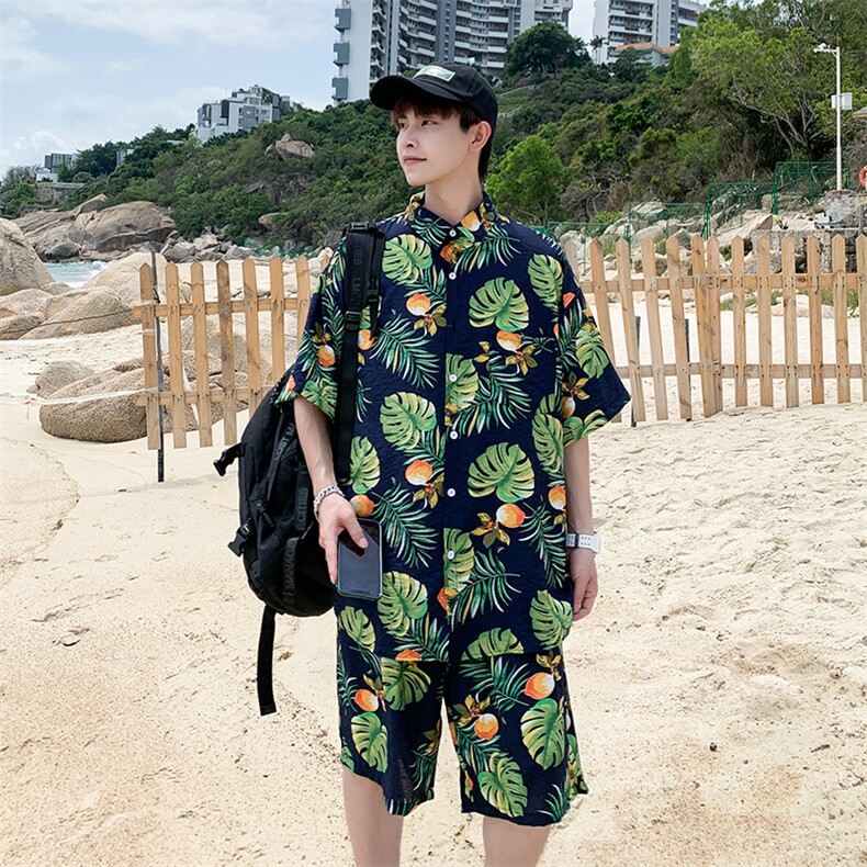 夏季青年花色印花衬衫套装男士多色宽松短裤套装TZ001-P45-控价69,男装休闲套装,电商A128