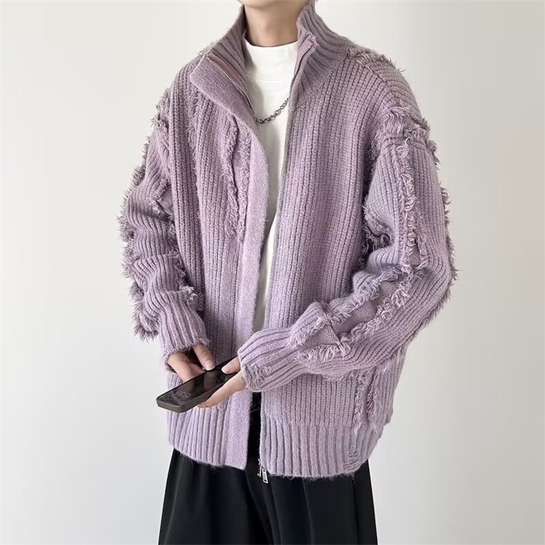 2026春季新纯色立领简约双头拉链针织开衫女宽松洋气显瘦毛衣,男装针织衫/毛衣,星座218-1（原230）