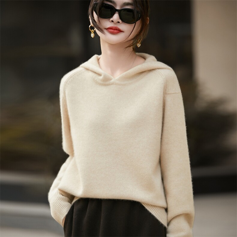 2025年秋季时尚百搭通勤简约休闲倒肩帽衫，女装羊毛衫，暖烁羊绒