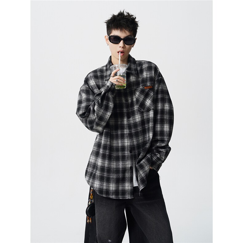 美式复古加厚格纹衬衫大码宽松慵懒风长袖衬衣磨毛外套CS9006/P58,男装衬衫,电商B238