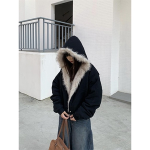 现货高品质美式高街冬季重磅硬挺短款座山雕毛领棉衣男女加厚外套图片