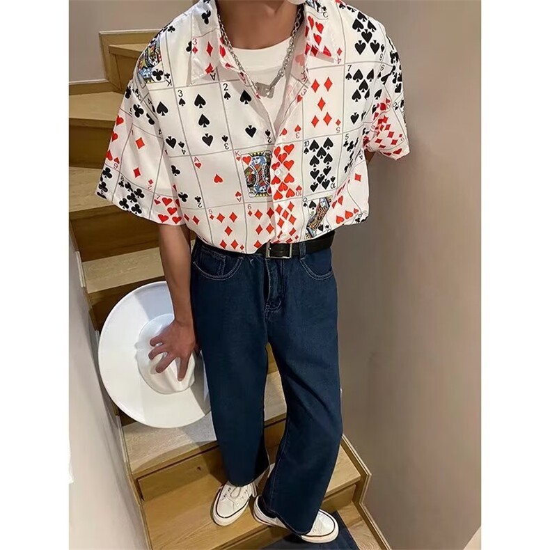 男春秋情侣宽松休闲扑克短袖衬衣C614P25,男装衬衫,星座1116-2