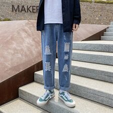 20/秋季破洞宽松九分裤牛仔裤个性破洞裤卷边乞丐裤K82P50控65，男装牛仔裤，电商A102B