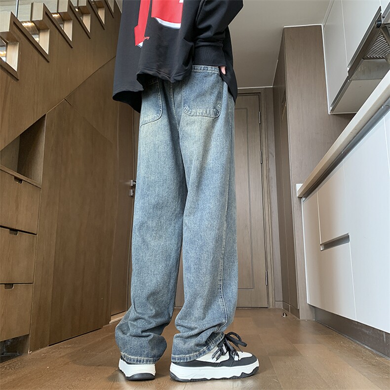 秋冬季加绒直筒牛仔裤男美式高街宽松水洗休闲裤松紧腰复古阔腿裤,男装牛仔裤,电商C303