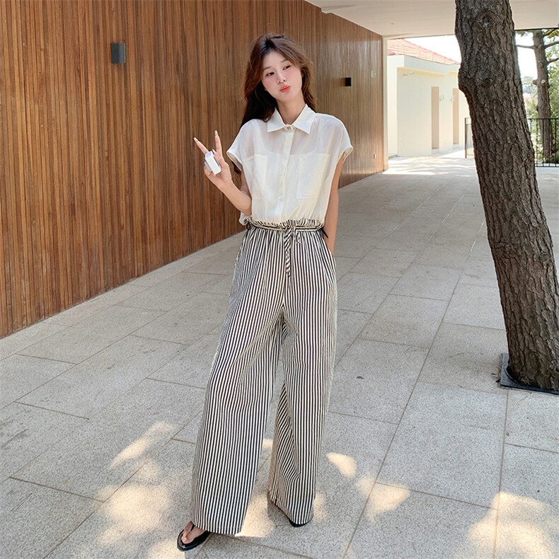 现货：夏装新款薄款衬衫＋条纹阔腿裤两件套装2C135-5091P110K168,女装套装/套裙,2C135