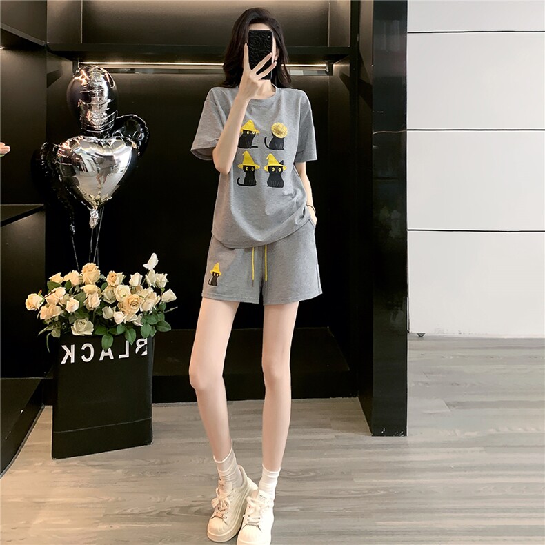 韩版休闲时尚套装女夏款个性简约圆领印花刺绣上衣阔腿短裤两件套,女装套装/套裙,江南