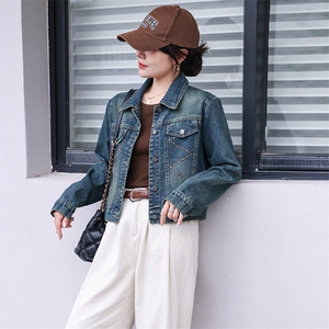 现货春秋新款美式复古短款牛仔外套水洗设计感宽松百搭夹克上衣女,女装牛仔外套,美拉德工厂直营店