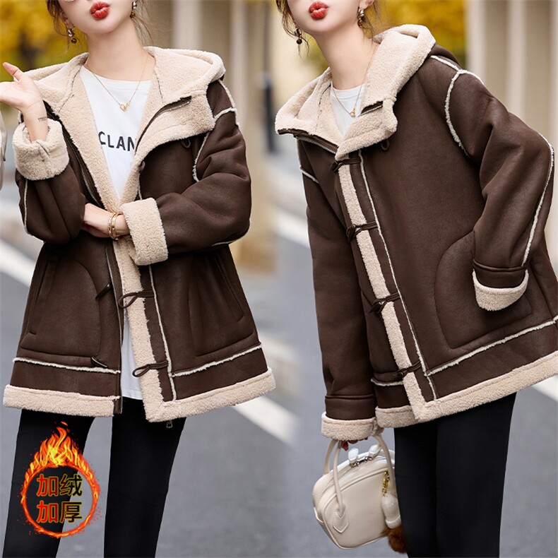 连帽羊羔毛外套女冬2024新款时尚休闲加绒加厚皮毛一体中长款棉服，女装羊羔毛/颗粒绒，美拉德工厂直营店