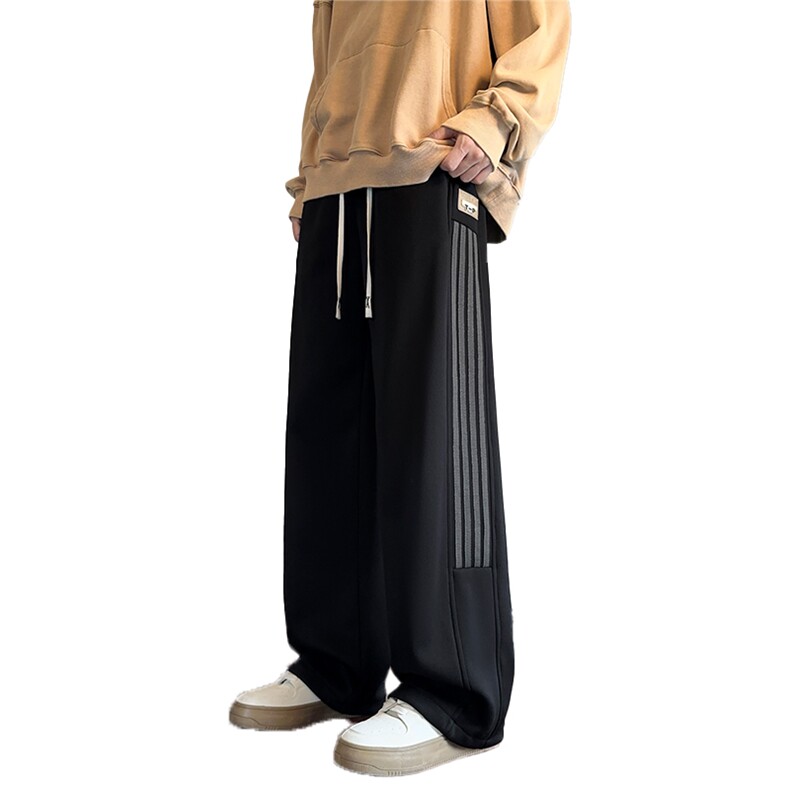 撞色条纹垂感卫裤男冬季加绒加厚宽松直筒潮流百搭港风休闲长裤子,男装休闲裤,电商A001-1