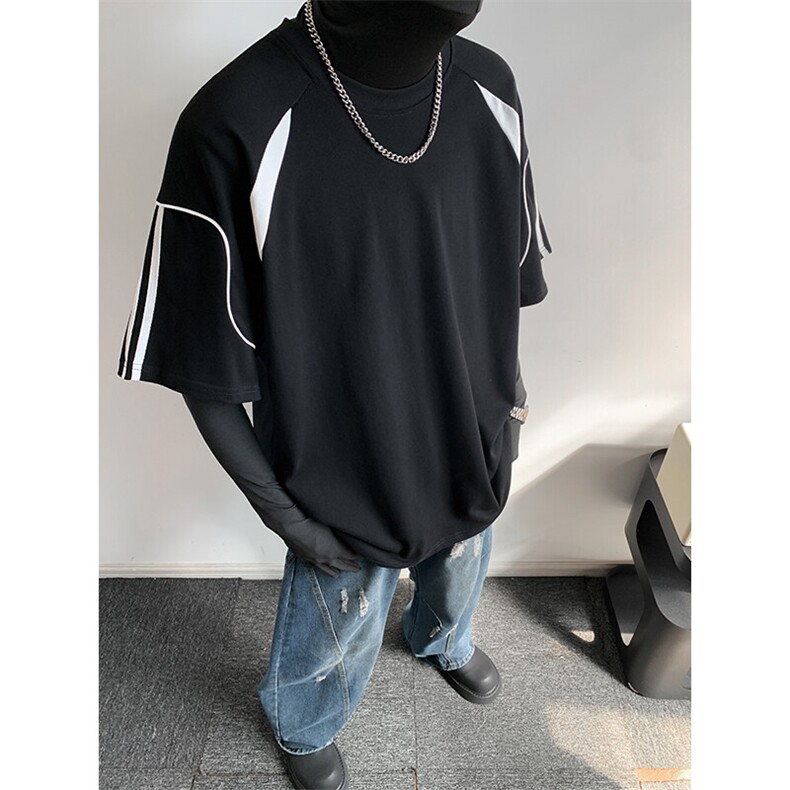 抖音得物品质二开240克宽松纯棉美式高街潮牌拼接织带短袖T恤,男装T恤,电商A486