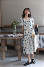 蓝白色碎花长款连衣裙，女装连衣裙，喜午