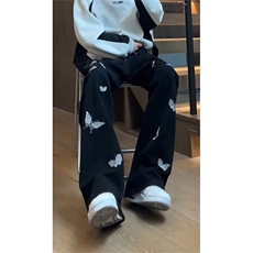黑色蝴蝶刺绣微喇牛仔裤男女春秋美式休闲直筒裤S2150P41，男装牛仔裤，星座1112-1