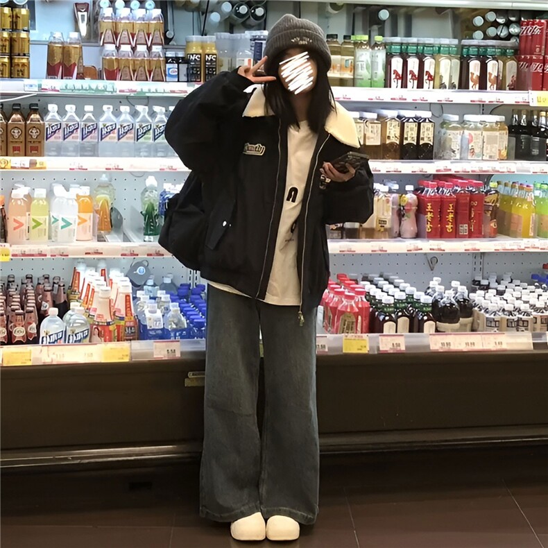 网络图现货美式潮牌羊羔绒翻领加绒加厚慵懒情侣棒球服JM801-P65,女装职业装,星座715-7