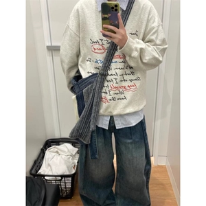W01-P25加绒P35美式圆领卫衣男女秋季宽松加绒加厚字母印花上衣图片
