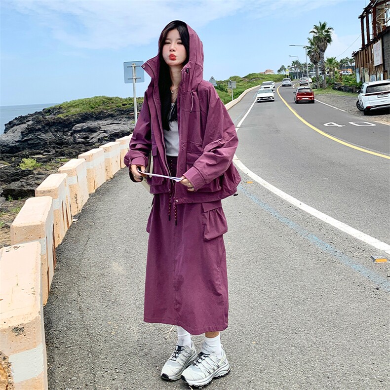 紫色连帽工装风外套半身裙套装女春秋新款韩系休闲小个子两件套潮,女装套装/套裙,2C007