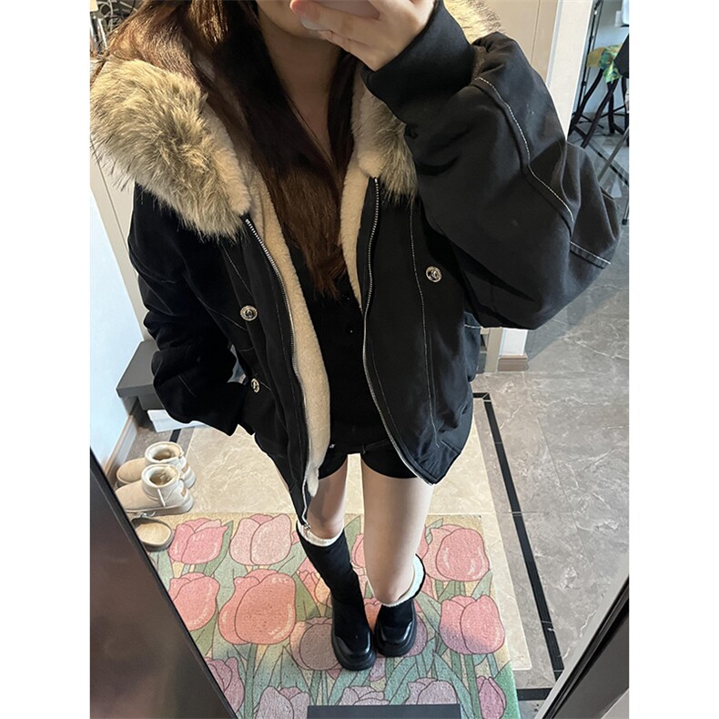 现货重磅boxy短款棉衣座山雕大毛毛领男女棉服水洗工装厚外套,男装棉衣,电商A486-1