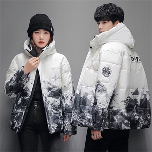 现货仓库桥园路连帽轻薄学生雪山渐变色情侣白鸭绒羽绒服外套图片