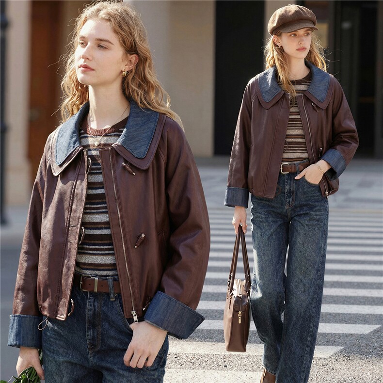 【春季女装新款】大量现货时尚相拼短款皮衣外套，女装皮衣，缘衣格