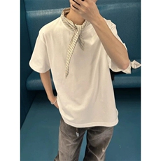 现货自制280克纯棉双纱条纹丝巾方巾小领结撞色男女短袖T恤，男装T恤，星座910A