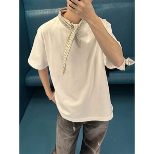 现货 自制280克纯棉 双纱  条纹丝巾方巾小领结撞色男女短袖T恤图片