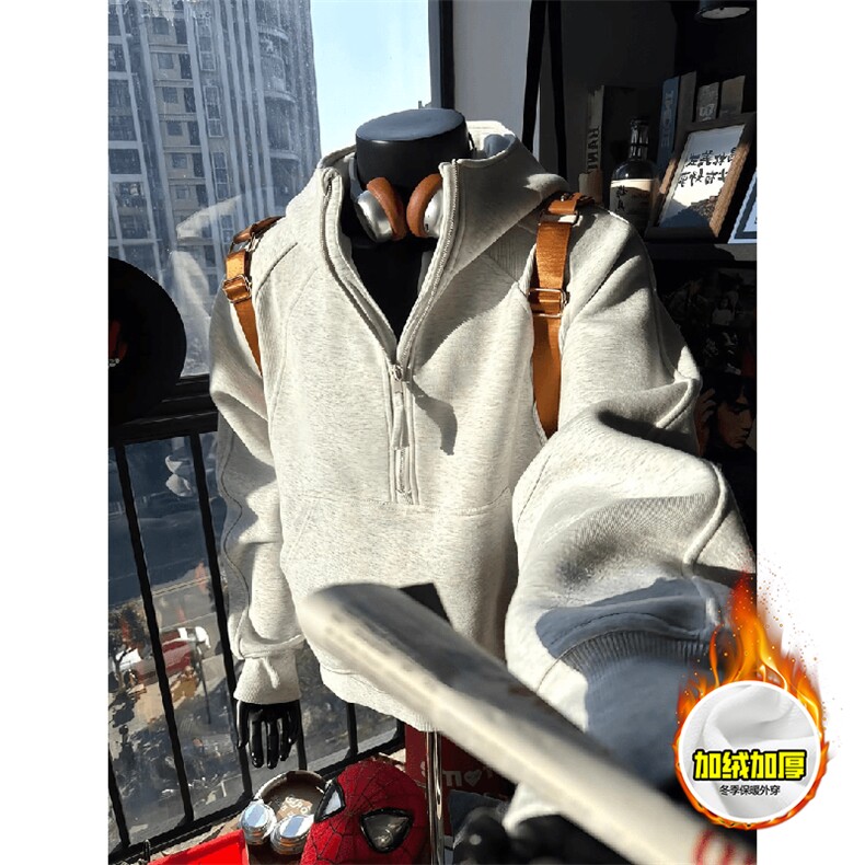 480G重磅加绒硬挺boxy男女秋冬美式高街结构半拉链卫衣开衫厚外套，女装短外套，电商A486-1