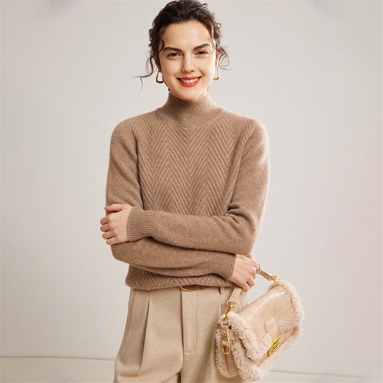 2024秋冬新款山羊绒女士半高领坑条羊绒衫，女装羊绒衫，镁纯羊绒