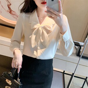 春季新款气质衬衫纯色蝴蝶结雪纺衫上衣简约百搭小衫，女装蕾丝衫/雪纺衫，美吧服饰