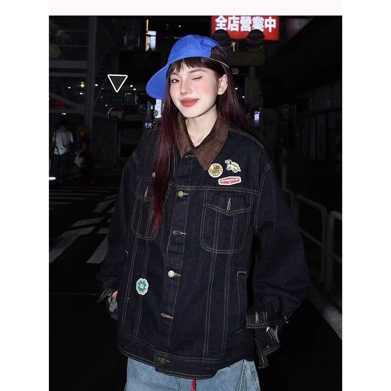 2605-P70美式复古高街牛仔外套女春秋季机车潮牌翻领宽松刺绣,男装工装外套,电商B323A