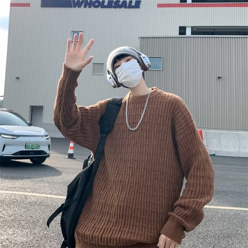 港风日系ins潮牌圆领毛衣男士秋冬季潮流复古宽松纯色Z7009-P50图片