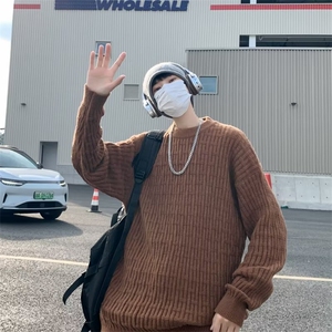 港风日系ins潮牌圆领毛衣男士秋冬季潮流复古宽松纯色Z7009-P50图片