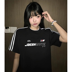 抖音得物高品质二开240克宽松纯棉美式潮牌三条杠织带短袖T恤，男装T恤，电商A486-1