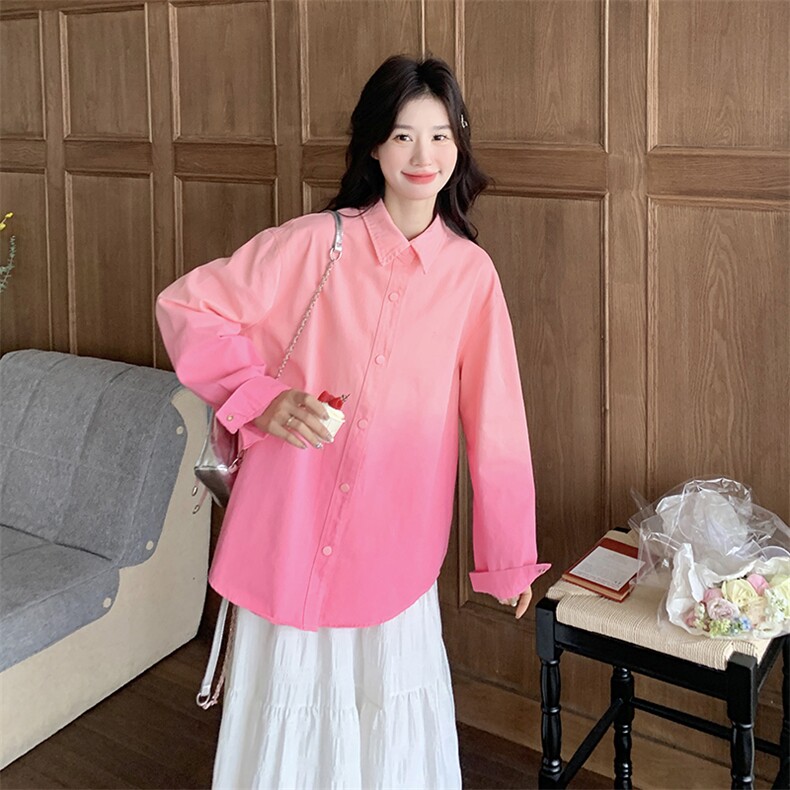 渐变粉色休闲衬衫外套女2025春季新款韩系超好看洋气减龄宽松上衣,女装衬衫,2C218
