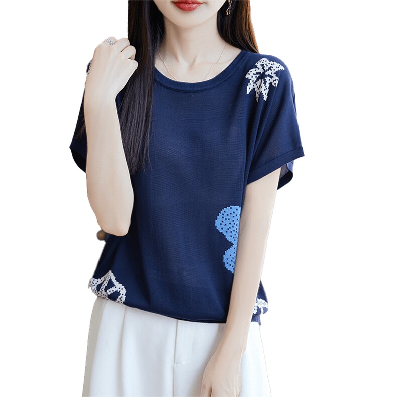 莱塞尔针织提花小飞袖T恤女2025夏薄透气洋气蓝色宽松显瘦短袖T恤,针织衫/毛衣,唐诺