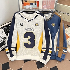 美式徽章刺绣V领撞色拼接卫衣HW132P52，男装卫衣，星座1116-2