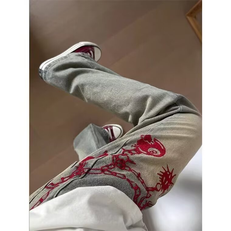 高街美式复古水洗做旧刺绣牛仔裤男直筒宽松微喇裤N1116-P47,男装牛仔裤,星座208-5