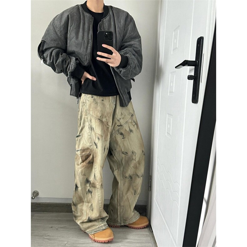 美式街头黄泥染脏洗阔腿弯刀牛仔裤男女水洗宽松休闲裤LQ533-P60,男装牛仔裤,星座1008