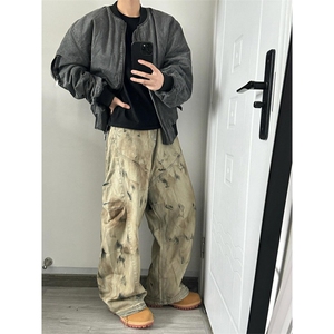 美式街头黄泥染脏洗阔腿弯刀牛仔裤男女水洗宽松休闲裤LQ533-P60,短羽绒服搭配直筒裤图片