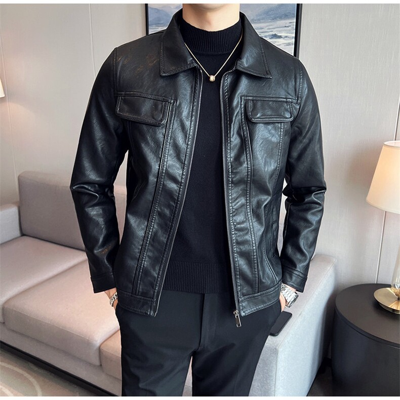 常年做经典款黑色翻领拉链皮衣仿真皮质感拉满6682-P145，男装皮衣，星座1012-1