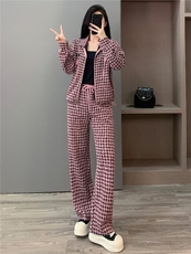 韩版休闲运动套装女秋新款粉色千鸟格立领抽绳上衣直筒长裤两件套，女装套装/套裙，江南