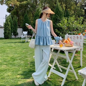 设计感荷叶边马甲背心套装女2025夏季一整套ootd穿搭阔腿裤两件套图片