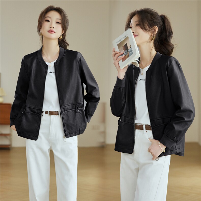 2026年春季棒球领休闲水洗皮短款外套，女装皮衣，文熹诺